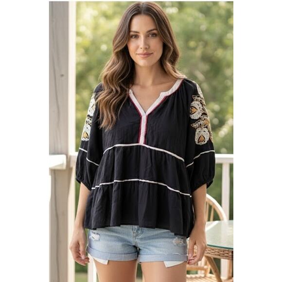 Entro Babydoll Blouse Black Embroidered Boho Butterfly Top Size L Large - Picture 1 of 7